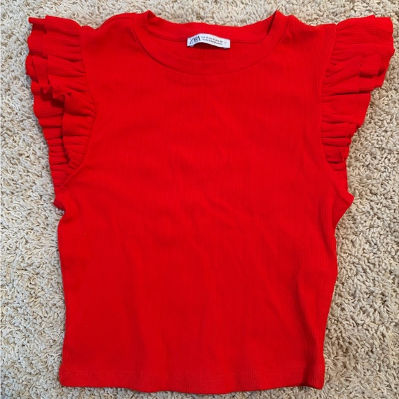 Zara Bright Red Ribbed Tank with Ruffle Sleeves - Picture 1 of 2